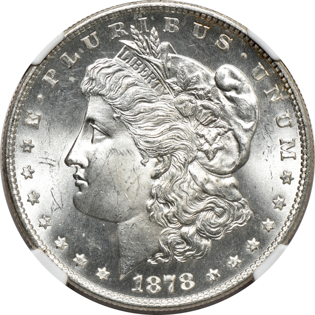 Five NGC certified Morgan silver dollars, all CAC