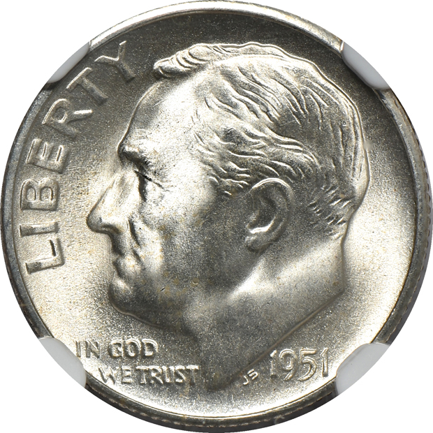 Four Roosevelt dimes, all NGC FT