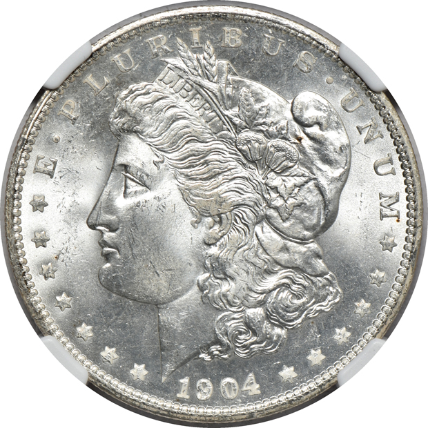 1904 PCGS MS-62, 1904-O NGC MS-64+, and a 1904-S NGC XF-40, all CAC