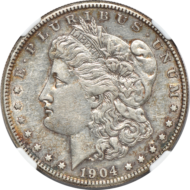 1904 PCGS MS-62, 1904-O NGC MS-64+, and a 1904-S NGC XF-40, all CAC