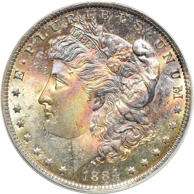 Six Morgan silver dollars, all PCGS CAC