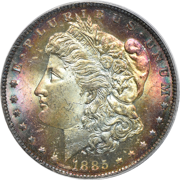 Six Morgan silver dollars, all PCGS CAC