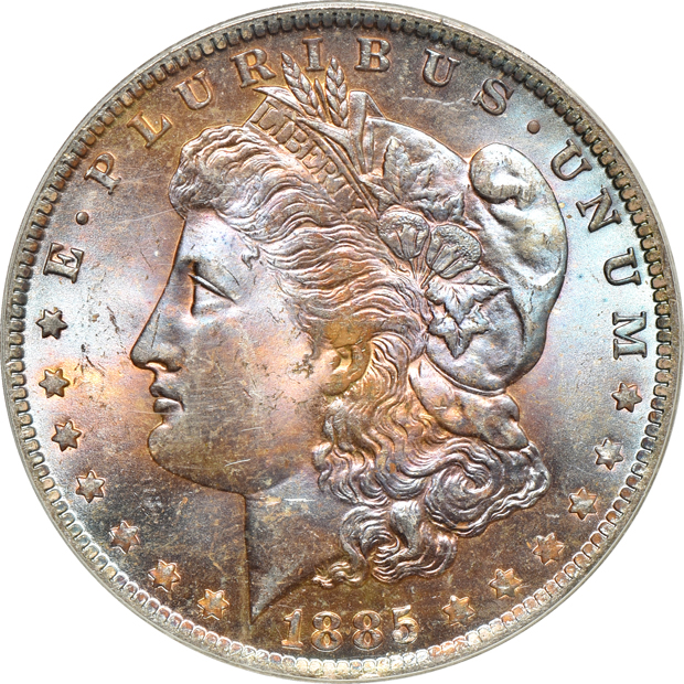 Six Morgan silver dollars, all PCGS CAC