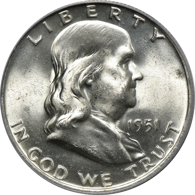 Five certified MS-65 Full Bell Lines Franklin half-dollars