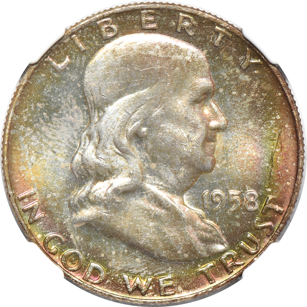 Six NGC certified toned Franklin half-dollars