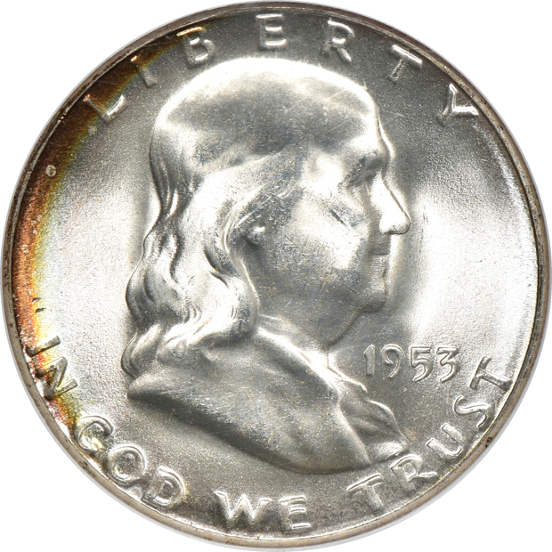 Six NGC certified toned Franklin half-dollars