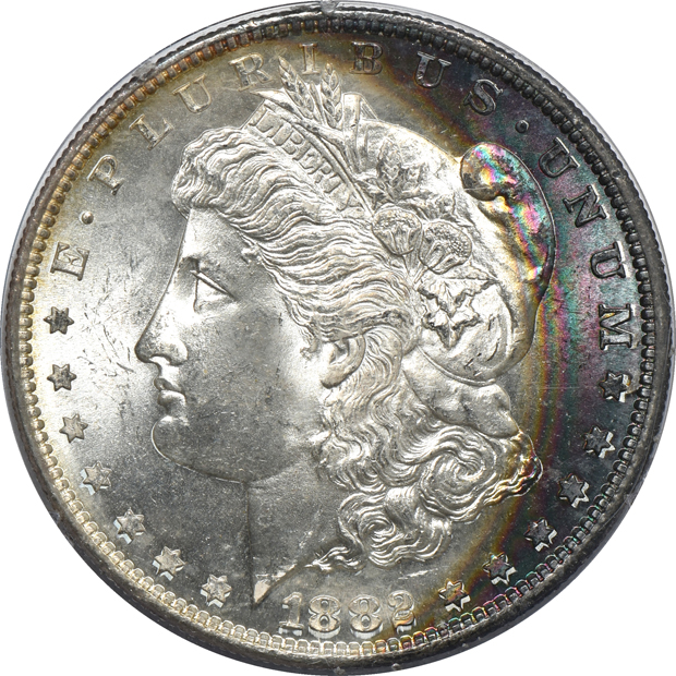 Seven certified Morgan silver dollars