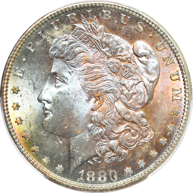 Seven certified Morgan silver dollars