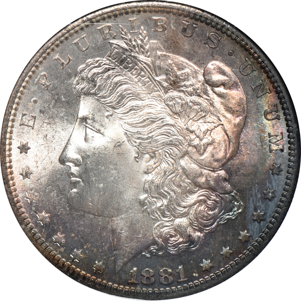 Seven certified Morgan silver dollars