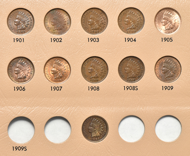 Three Flying Eagle cents and forty-four different Indian Head cents in a Dansco 7101 album