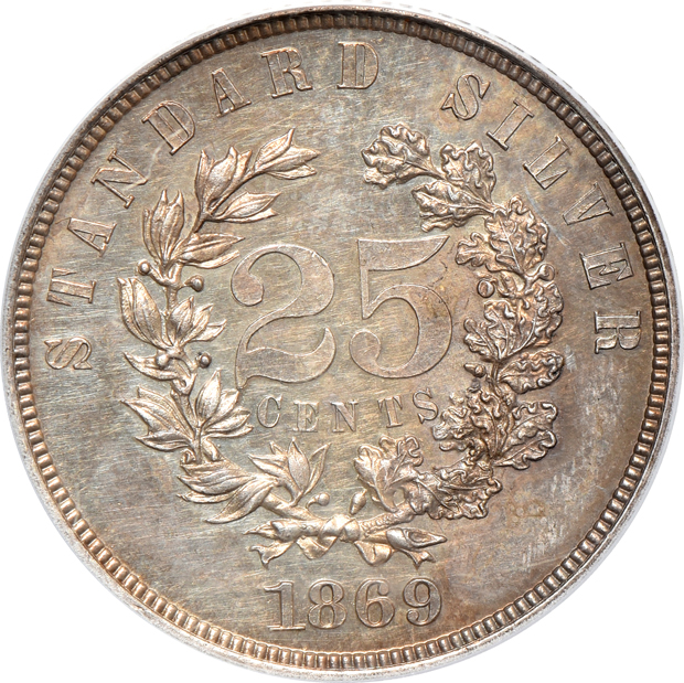 1869 twenty-five cent pattern, J-733, PCGS PR-63