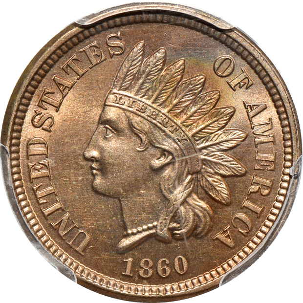 1860 PCGS UNC details/smoothed surfaces, and an 1864 bronze MS-64 BN