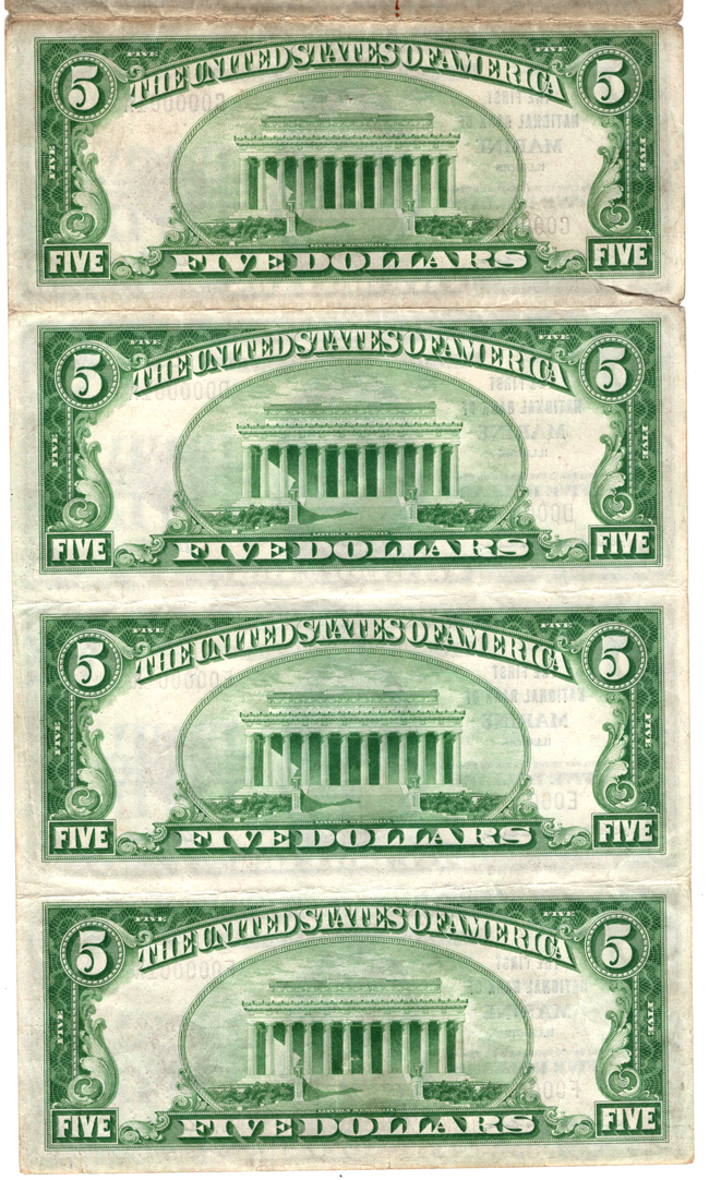 Uncut sheet of six 1929 $5 Type 1 serial number 1 - Marine, IL Charter #10582 - VF