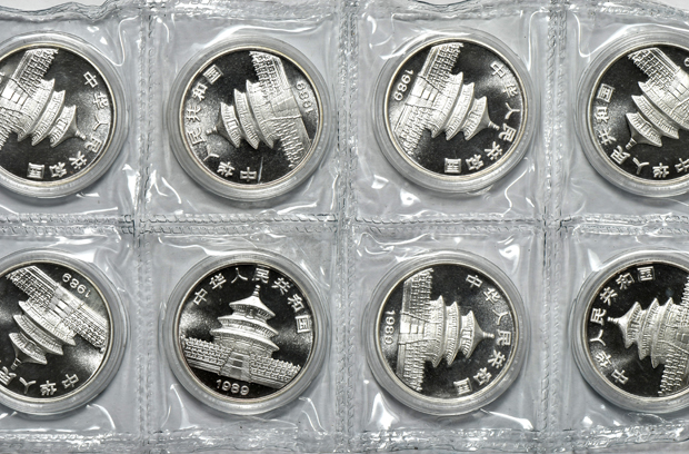 China - Uncut sheet of ten 1989 1oz silver Pandas