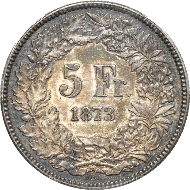 Switzerland - 1873-B 5 francs - PCGS AU-58
