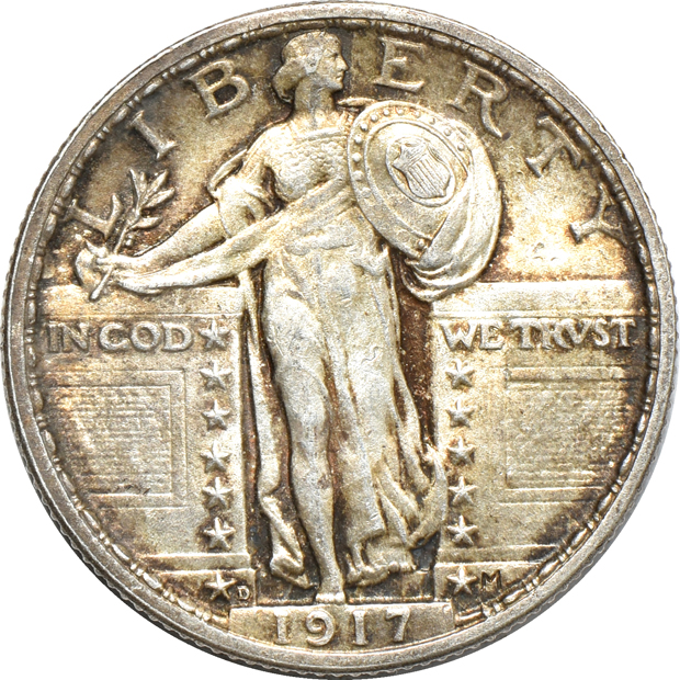 1917-D Type 2 Standing Liberty quarter, and a 1917-S reverse Walking Liberty half-dollar, both AU