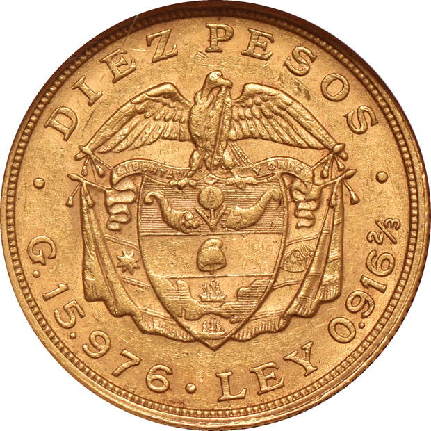 Colombia - 1919 10 pesos - NGC AU-58