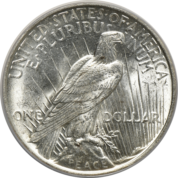 Five Peace silver dollars certified by PCGS