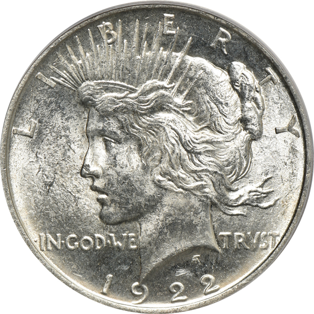 Five Peace silver dollars certified by PCGS