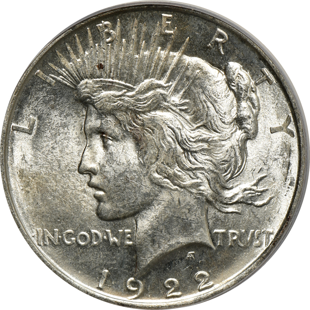 Five Peace silver dollars certified by PCGS