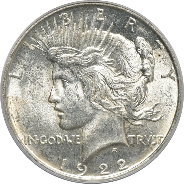 Five Peace silver dollars certified by PCGS