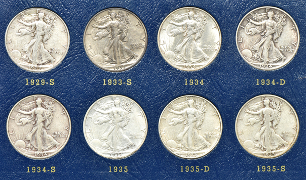 Complete collection of Walking Liberty half-dollars in two Whitman albums