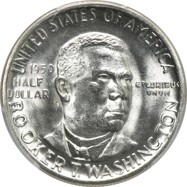 Six Booker T. Washington silver commemorative half-dollars certified by PCGS
