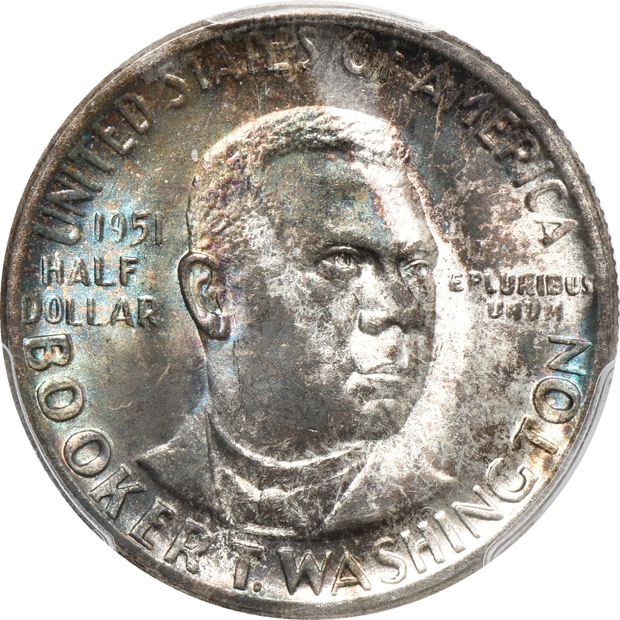 Six Booker T. Washington silver commemorative half-dollars certified by PCGS