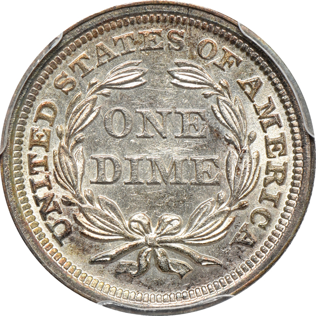 1872 Liberty Seated half-dime MS-64, 1853 Arrows Liberty Seated dime AU-58 CAC, and an 1875 Liberty Seated dime MS-63, all PCGS