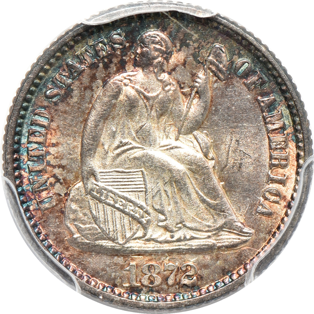 1872 Liberty Seated half-dime MS-64, 1853 Arrows Liberty Seated dime AU-58 CAC, and an 1875 Liberty Seated dime MS-63, all PCGS