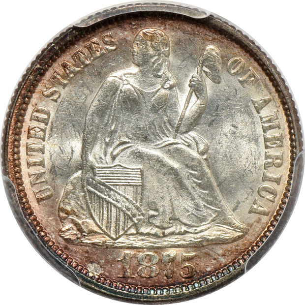 1872 Liberty Seated half-dime MS-64, 1853 Arrows Liberty Seated dime AU-58 CAC, and an 1875 Liberty Seated dime MS-63, all PCGS