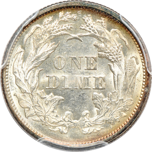 1872 Liberty Seated half-dime MS-64, 1853 Arrows Liberty Seated dime AU-58 CAC, and an 1875 Liberty Seated dime MS-63, all PCGS