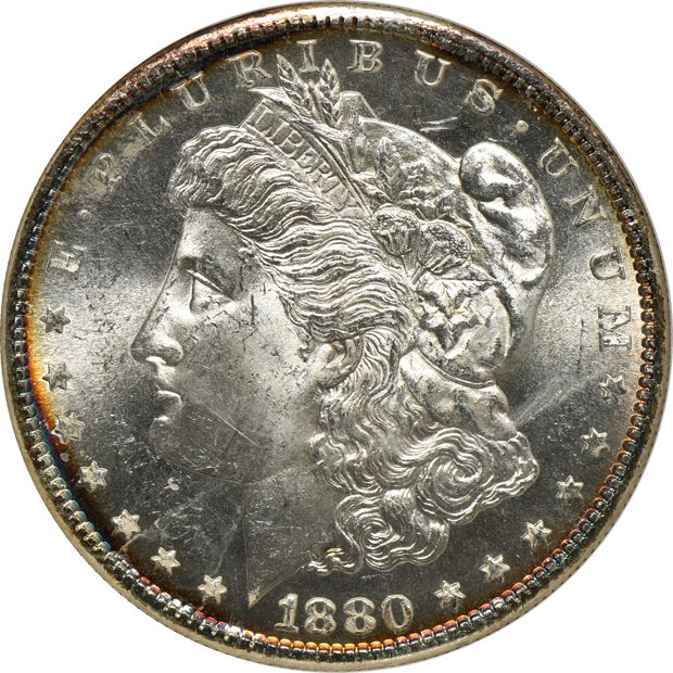 Six Morgan silver dollars, all NGC CAC