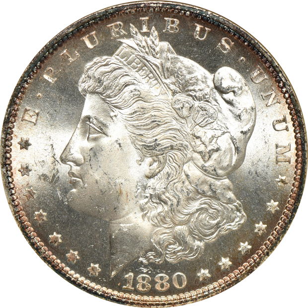 Six Morgan silver dollars, all NGC CAC