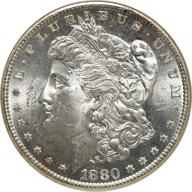 Six Morgan silver dollars, all NGC CAC