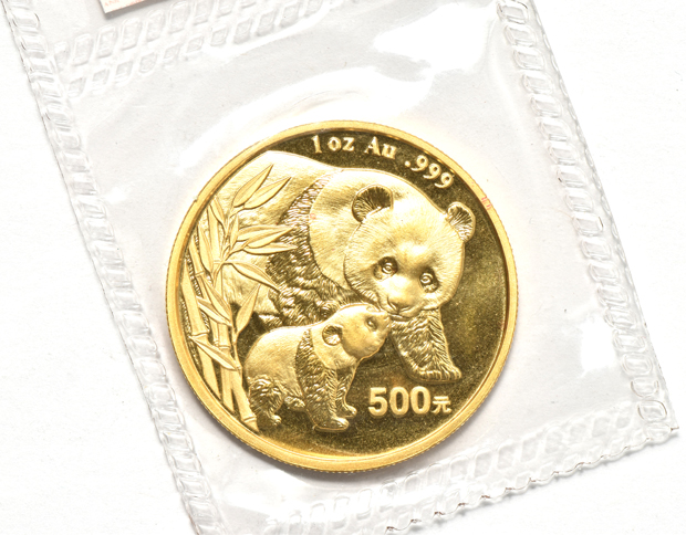 China - 2002 1oz gold Panda 500 yuan, and a 2004 1oz gold Panda 500 yuan, both sealed with ribbon