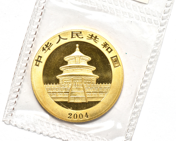 China - 2002 1oz gold Panda 500 yuan, and a 2004 1oz gold Panda 500 yuan, both sealed with ribbon