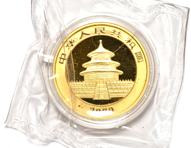China - 2000 frosted 1oz gold Panda 100 yuan, double sealed