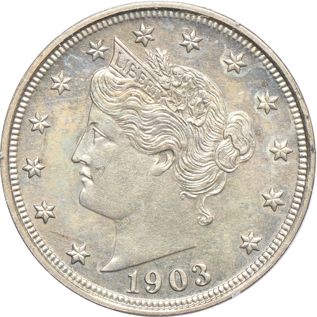1903 Indian cent PR-63RB, 1903 Liberty nickel PR-64, and a 1903 Barber quarter PR-63 CAC, all PCGS (rattler)