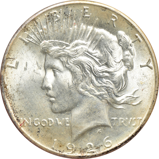 1896 Morgan silver dollar Redfield, 1925 Peace silver dollar Paramount, and a 1926-S Peace silver dollar Redfield