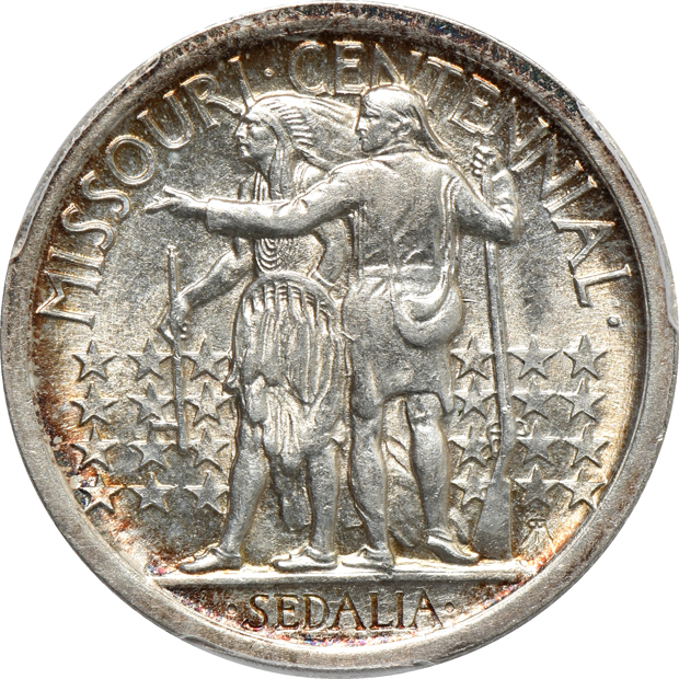 1921 Missouri silver commemorative half-dollar AU-58 and a 1942 Walking Liberty half-dollar PR-64, both PCGS CAC
