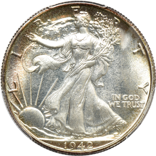 1921 Missouri silver commemorative half-dollar AU-58 and a 1942 Walking Liberty half-dollar PR-64, both PCGS CAC