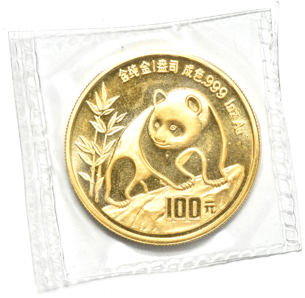 China - 1989 sm. date 1oz gold Panda 100 yuan sealed, and a 1990 lg. date 1oz gold Panda 100 yuan sealed