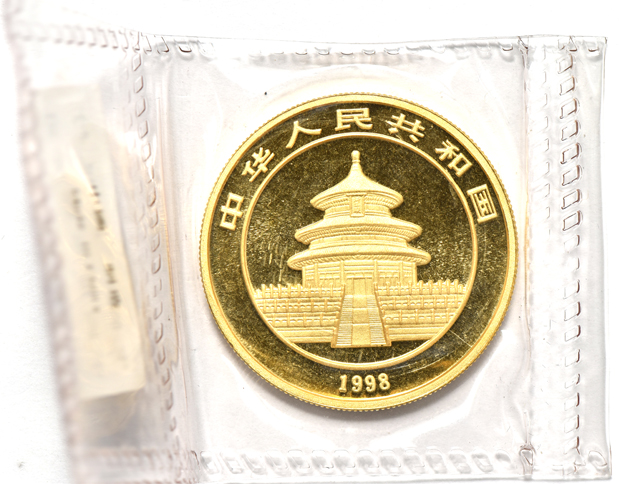 China - 1998 sm. date 1oz gold Panda 100 yuan sealed with ribbon