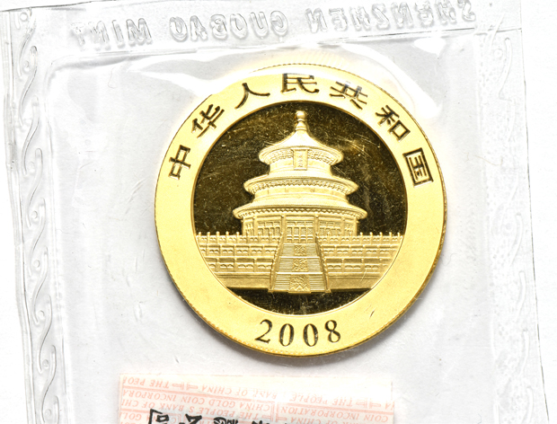 China - 2008 1oz gold Panda 500 yuan sealed with ribbon, 2009 1oz gold Panda 500 yuan sealed, and a 2010 1oz gold Panda 500 yuan sealed