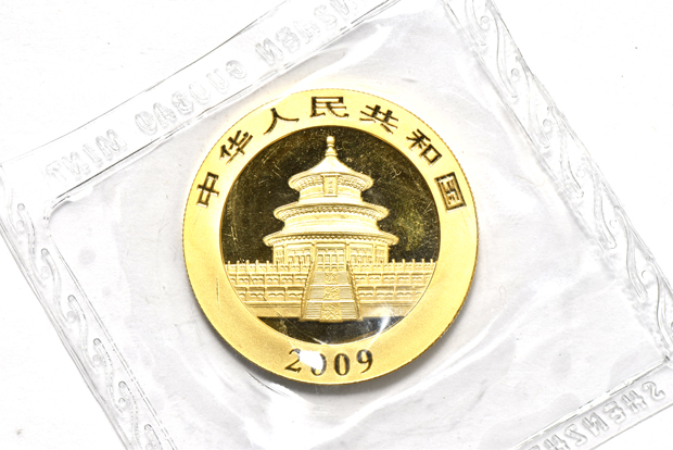 China - 2008 1oz gold Panda 500 yuan sealed with ribbon, 2009 1oz gold Panda 500 yuan sealed, and a 2010 1oz gold Panda 500 yuan sealed