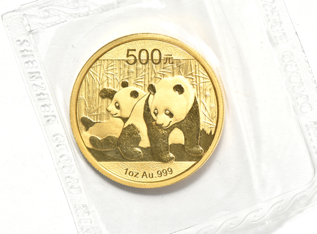 China - 2008 1oz gold Panda 500 yuan sealed with ribbon, 2009 1oz gold Panda 500 yuan sealed, and a 2010 1oz gold Panda 500 yuan sealed