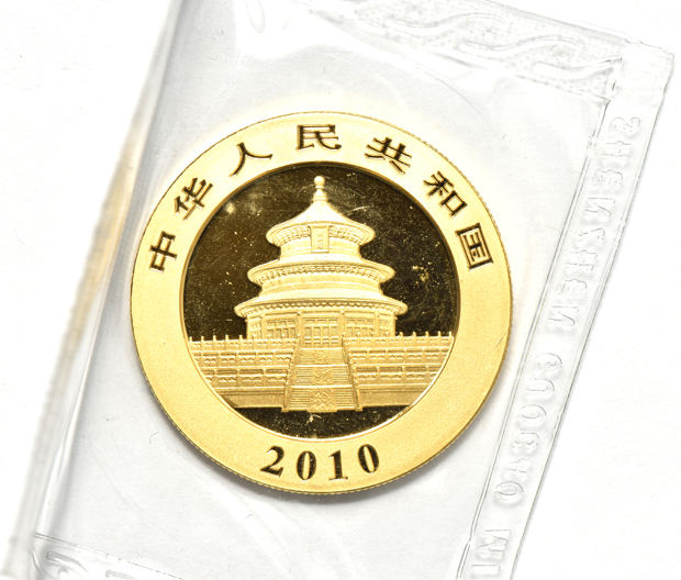 China - 2008 1oz gold Panda 500 yuan sealed with ribbon, 2009 1oz gold Panda 500 yuan sealed, and a 2010 1oz gold Panda 500 yuan sealed