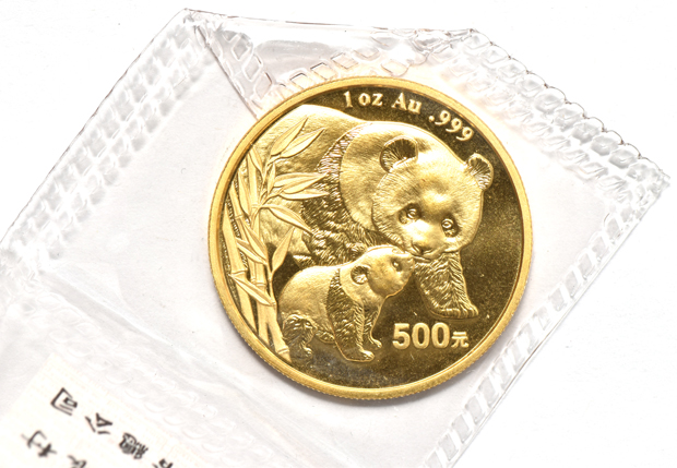 China - 2002 1oz gold Panda 500 yuan sealed, 2003 frosted 1oz gold Panda 500 yuan double sealed, and a 2004 1oz gold Panda 500 yuan sealed