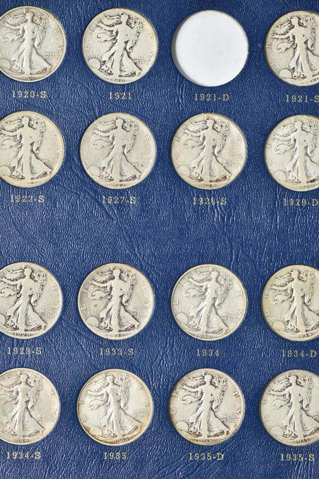 Nearly complete collection of Walking Liberty half-dollars in a Whitman 9423 album